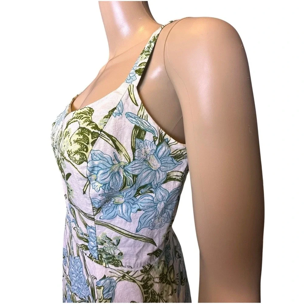 Ann Taylor LOFT Cotton Floral Sundress Blue Green Fit Flare Size 2 Cottage Core‎